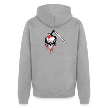 Bloody skull split by an axe - Unisex Premium Organic Zip Hoodie - heather grey - Back - Nico (187cm)