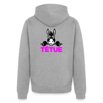 Hartnäckig - Unisex Premium Bio Zip Hoodie - Grau meliert - Hinten - Nico (187cm)