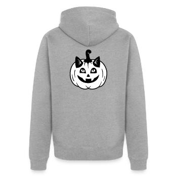 Halloween Katze Kürbiskopf - Schwarz Weiß - Unisex Premium Bio Zip Hoodie - Grau meliert - Hinten - Nico (187cm)
