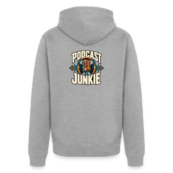 Podcast Junkie Mikrofon Kopfhörer Retro Design - Unisex Premium Bio Zip Hoodie - Grau meliert - Hinten - Nico (187cm)