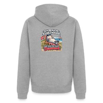 Dänemark-Urlaubswitz am Strand - Unisex Premium Bio Zip Hoodie - Grau meliert - Hinten - Nico (187cm)