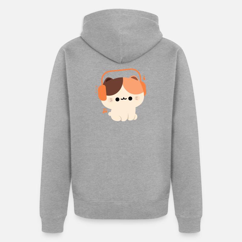 Chat kawaii avec casque design - Veste à capuche bio Premium Unisexe - gris chiné