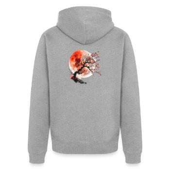 Roter Mond und Kirschbaum - Unisex Premium Bio Zip Hoodie - Grau meliert - Hinten - Nico (187cm)