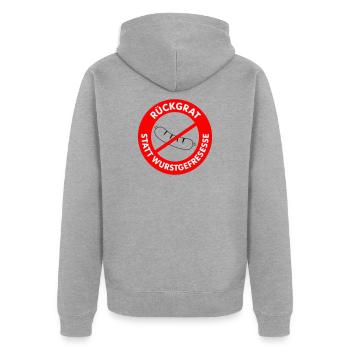 Rückgrat statt Wurstgefresse! WUNSCHFARBEN Wurst1 - Unisex Premium Bio Zip Hoodie - Grau meliert - Hinten - Nico (187cm)