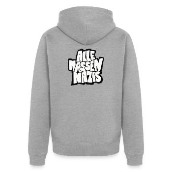 Alle_hassen_Nazis_sw - Unisex Premium Bio Zip Hoodie - Grau meliert - Hinten - Nico (187cm)