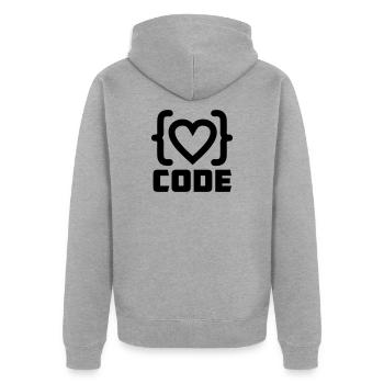 Herzprogrammierer Code Logo mit Text CODE - Unisex Premium Bio Zip Hoodie - Grau meliert - Hinten - Nico (187cm)