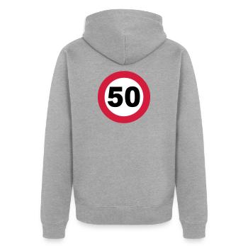 50.Geburtstag , 50 Jahre , Verkehrsschild 50 (25) - Unisex Premium Bio Zip Hoodie - Grau meliert - Hinten - Nico (187cm)
