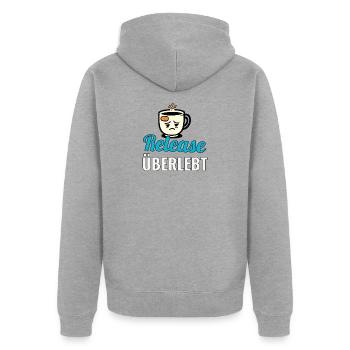 Release überlebt — Shirt für DevOps & Teams - Unisex Premium Bio Zip Hoodie - Grau meliert - Hinten - Nico (187cm)