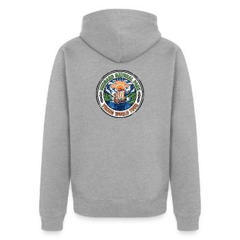 Midgard Naturpark Wikinger-Welttour Retro - Unisex Premium Bio Zip Hoodie - Grau meliert - Hinten - Nico (187cm)