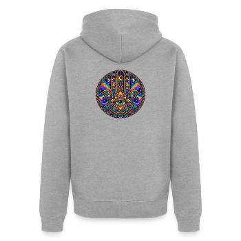 Hand der Fatima - Unisex Premium Bio Zip Hoodie - Grau meliert - Hinten - Nico (187cm)