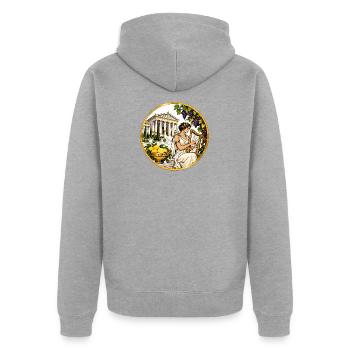 Göttin mit Lyra vor antikem Tempel - Unisex Premium Bio Zip Hoodie - Grau meliert - Hinten - Nico (187cm)
