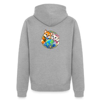 Tavi & Nela - Gemeinsam um die Welt - Unisex Premium Bio Zip Hoodie - Grau meliert - Hinten - Nico (187cm)