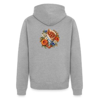 Gebrannte Mandeln mit Edelweiß & Blumen - Unisex Premium Bio Zip Hoodie - Grau meliert - Hinten - Nico (187cm)