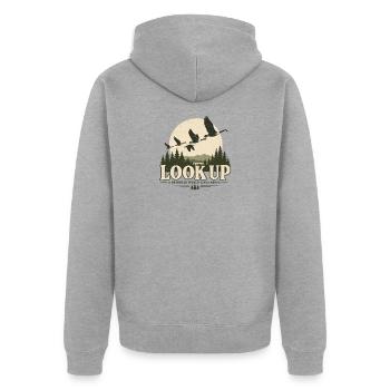 Schau nach oben - Unisex Premium Bio Zip Hoodie - Grau meliert - Hinten - Nico (187cm)