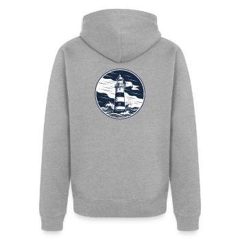 Leuchtturm Kreisbadge mit Wellen - Unisex Premium Bio Zip Hoodie - Grau meliert - Hinten - Nico (187cm)