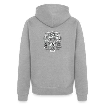 Schonend behandeln 60. Geburtstag Geschenkidee - Unisex Premium Bio Zip Hoodie - Grau meliert - Hinten - Nico (187cm)