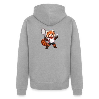 Badminton Red Panda mit Schläger und Federhahn - Unisex Premium Bio Zip Hoodie - Grau meliert - Hinten - Nico (187cm)