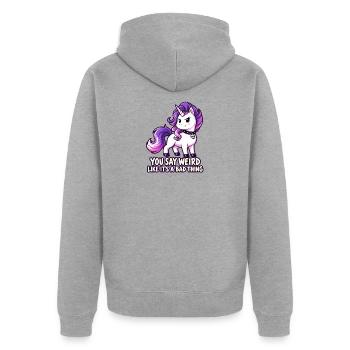 Eigenwilliges Einhorn - Unisex Premium Bio Zip Hoodie - Grau meliert - Hinten - Nico (187cm)
