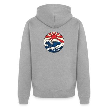 Mount Fuji Welle aufgehende Sonne Japan Art Shirt - Unisex Premium Bio Zip Hoodie - Grau meliert - Hinten - Nico (187cm)