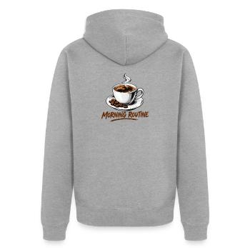 Morgenroutine: Heißer Kaffeebecher - Unisex Premium Bio Zip Hoodie - Grau meliert - Hinten - Nico (187cm)