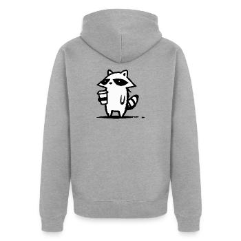 Raccoon Latte Schwarzweiß - Unisex Premium Bio Zip Hoodie - Grau meliert - Hinten - Nico (187cm)