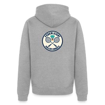 Badminton – Federleicht voller Einsatz - Unisex Premium Bio Zip Hoodie - Grau meliert - Hinten - Nico (187cm)