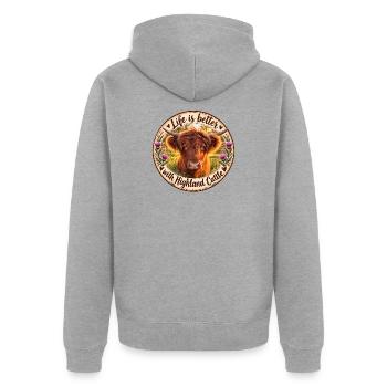 Life is better with Highland Cattle Kuh Motiv - Unisex Premium Bio Zip Hoodie - Grau meliert - Hinten - Nico (187cm)