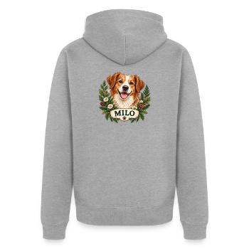 Hund Milo mit Blumenkranz - Unisex Premium Bio Zip Hoodie - Grau meliert - Hinten - Nico (187cm)