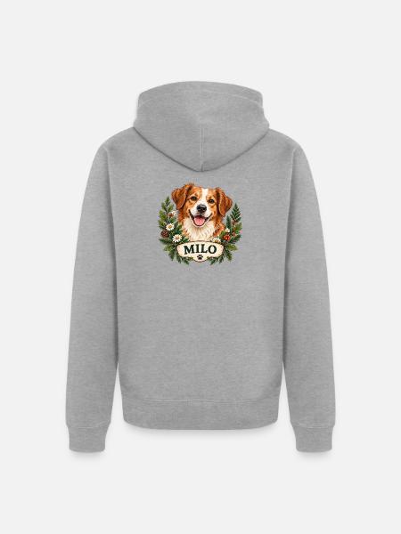 Hund Milo mit Blumenkranz - Unisex Premium Bio Zip Hoodie - Grau meliert