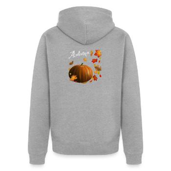 Autumn - Kürbis mit bunten Herbstblättern - Unisex Premium Bio Zip Hoodie - Grau meliert - Hinten - Nico (187cm)