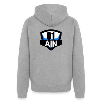 01 Ain - Unisex Premium Bio Zip Hoodie - Grau meliert - Hinten - Nico (187cm)