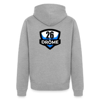 26 Drôme - Unisex Premium Bio Zip Hoodie - Grau meliert - Hinten - Nico (187cm)