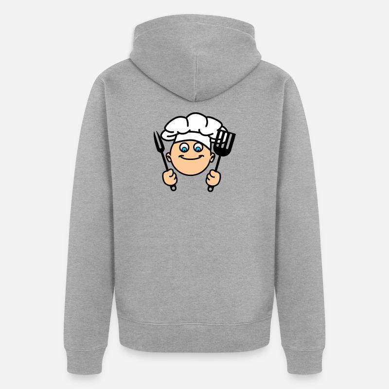 Cuisinier du BBQ avec ustensiles de cuisine et chapeau de chef - Veste à capuche bio Premium Unisexe - gris chiné