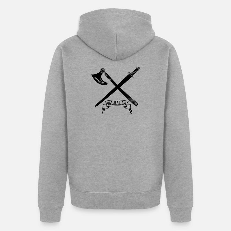 Valhalla avec hache et épée - Veste à capuche bio Premium Unisexe - gris chiné