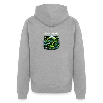 E-RIDE FUTURE Neon-E-Bike Cyber-Stil - Unisex Premium Bio Zip Hoodie - Grau meliert - Hinten - Nico (187cm)