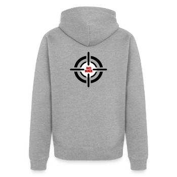 Kein Kriegsemblem - Unisex Premium Bio Zip Hoodie - Grau meliert - Hinten - Nico (187cm)