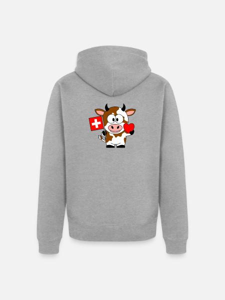 Kuh mit Schweizer Flagge und Herz - Unisex Premium Bio Zip Hoodie - Grau meliert