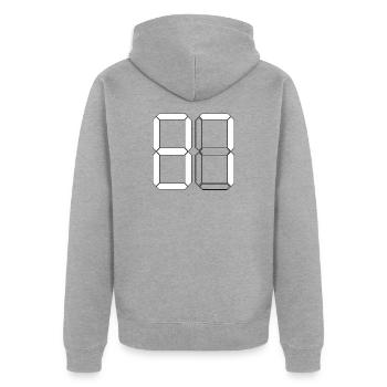 NUMÉRO 87 Quatre-vingt-sept cadeaux numériques - Veste à capuche bio Premium Unisexe - gris chiné - Dos - Nico (187cm)