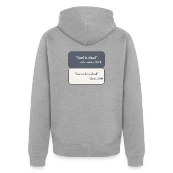 God is Dead - Nietzsche  - Unisex Premium Bio Zip Hoodie - Grau meliert - Hinten - Nico (187cm)