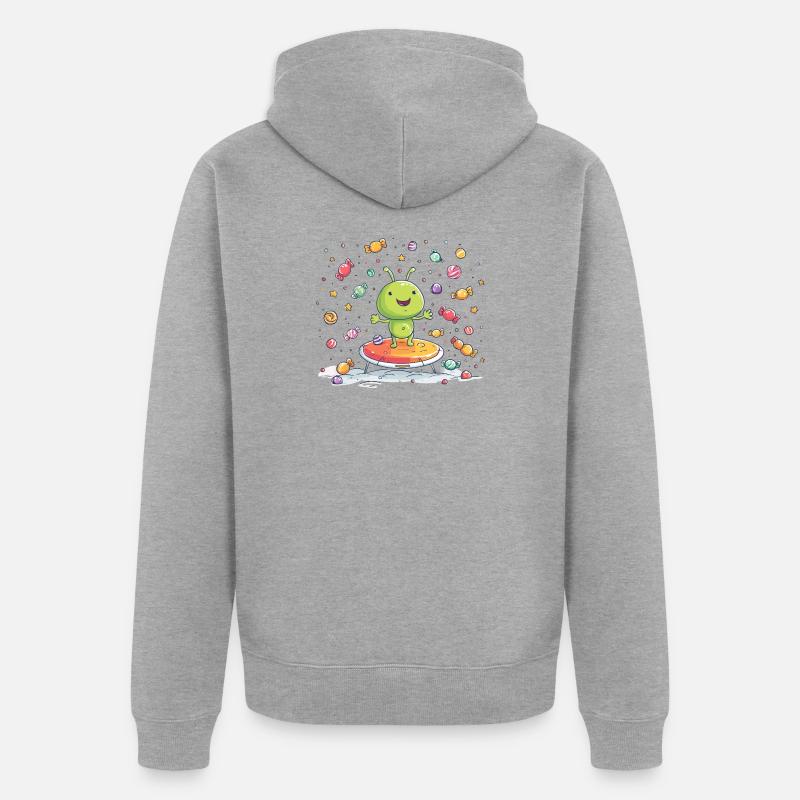 Petit extraterrestre vert sur un trampoline - Veste à capuche bio Premium Unisexe - gris chiné