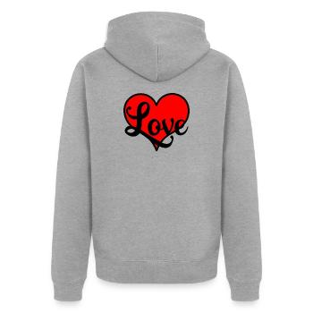 Rotes Herz mit dem Text "Love" - Unisex Premium Bio Zip Hoodie - Grau meliert - Hinten - Nico (187cm)