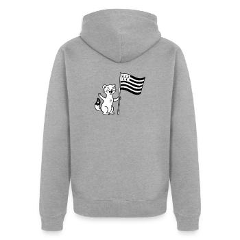 Niedliches bretonisches Hermelin mit Flagge der Bretagne - Unisex Premium Bio Zip Hoodie - Grau meliert - Hinten - Nico (187cm)