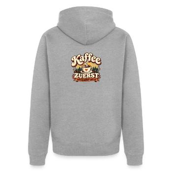 Kaffee zuerst Entscheidungen später Kaffee Spruch - Unisex Premium Bio Zip Hoodie - Grau meliert - Hinten - Nico (187cm)
