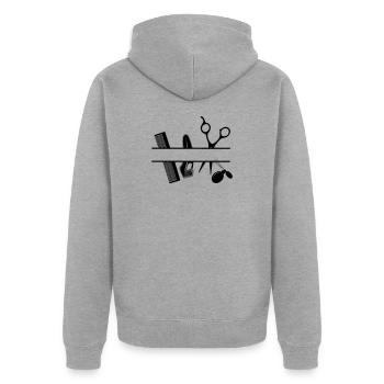 Textbanner für Friseurattribute - Unisex Premium Bio Zip Hoodie - Grau meliert - Hinten - Nico (187cm)