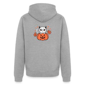 Herbst Katze Weiß Kürbis Ahorn Blatt Süß Halloween - Unisex Premium Bio Zip Hoodie - Grau meliert - Hinten - Nico (187cm)