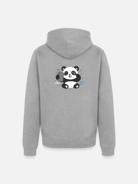 Cute Panda Takes Selfie – Funny Motif - Unisex Premium Organic Zip Hoodie - heather grey