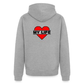 Coeur J’aime ma vie - Veste à capuche bio Premium Unisexe - gris chiné - Dos - Nico (187cm)