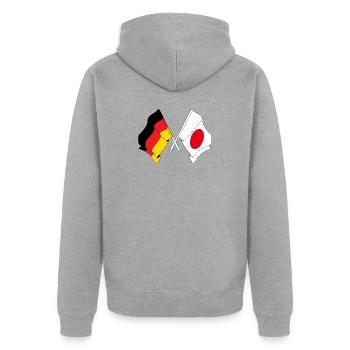 Flagge Deutschlands und Flagge Japans - Unisex Premium Bio Zip Hoodie - Grau meliert - Hinten - Nico (187cm)