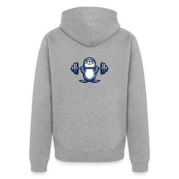 Robbe Seehund Hantel Gym Fitness Training Workout - Unisex Premium Bio Zip Hoodie - Grau meliert - Hinten - Nico (187cm)