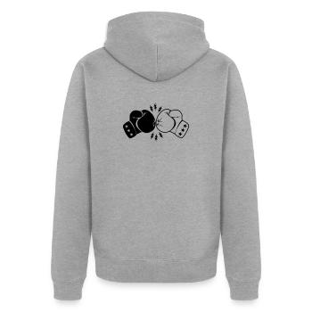 Boxboxhandschuhe Kontakt mit Blitz - Unisex Premium Bio Zip Hoodie - Grau meliert - Hinten - Nico (187cm)